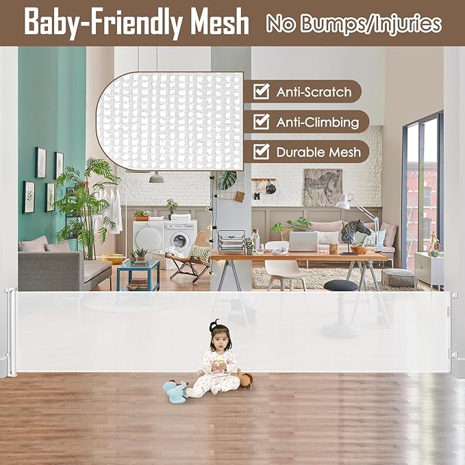 185 Inch Wide Retractable Baby Gates Outdoor Retractable Dog Gate Indoor Extra Long Baby Gate Retractable Pet Gate, Dog Gates for The House Extra Wide Baby Gate, Child Gates for Wide Openings, White