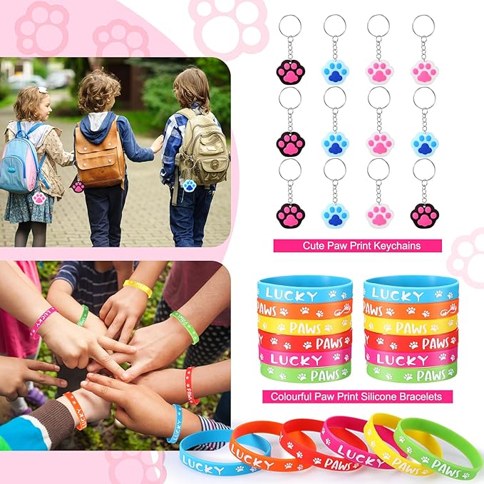 Gejoy 178 Pcs Dog Paw Party Favors Set Includes Paw Straws Cups Silicone Bracelet Keychain Stamper Sticker Pendant Chain Thank You Tag for Boy Girl Dog Theme Party Supplies(Dog Paw)