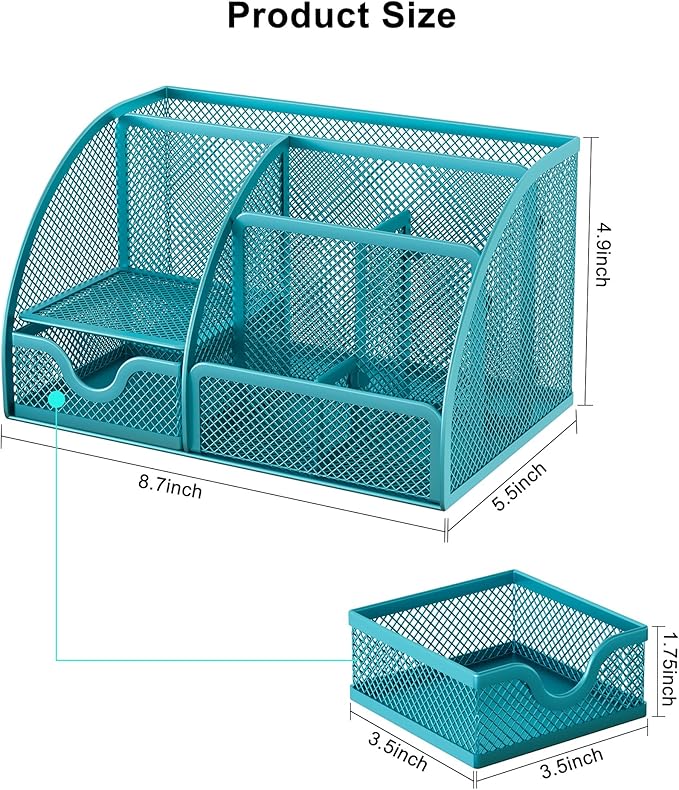EasyPAG Mesh Desk Organizer with Drawer Multi-Functional Pen Holder Stationery Organizer for Office School Supplies 6 Compartments Dorm Organizers and Storage for Desk, Blue