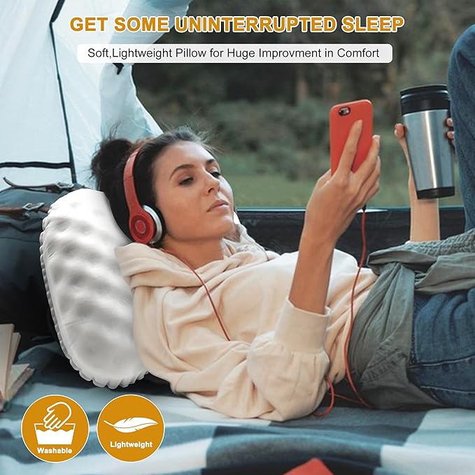 BreezCamp Camping Pillow with Soft Cover, Lightweight Inflatable Pillow for Neck Lumbar Support,Upgrade Backpacking Pillow,Washable Travel Air Pillows for Hiking, Backpacking, Airplane, Beach, White