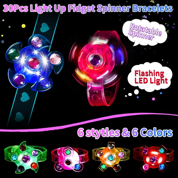 INST Valentines Day Gifts for Kids 30 Packs Valentines Day Cards with Light Up Fidget Spinner Bracelets for Kids Valentines Gift Exchange for Class Classroom Prizes Party Favors Supplies