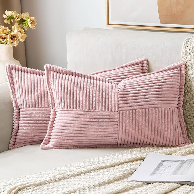 MIULEE Spring Decorative Lumbar Throw Pillow Covers for Couch Bed Livingroom 12x20 Inch Set of 2 Pink Boho Accent Throw Pllows Broadside Striped Patchwork Soft Corduroy Pillowcases Valentine Decor