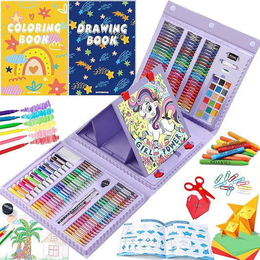 All in One Art Supplies, Art Kit Includes Easel, Origami Paper, Colored Pencils, Crayons, Drawing Book, Coloring Book, Watercolor Pens, Markers and Oil Pastels, Gifts for Girls Boys Teens, Purple