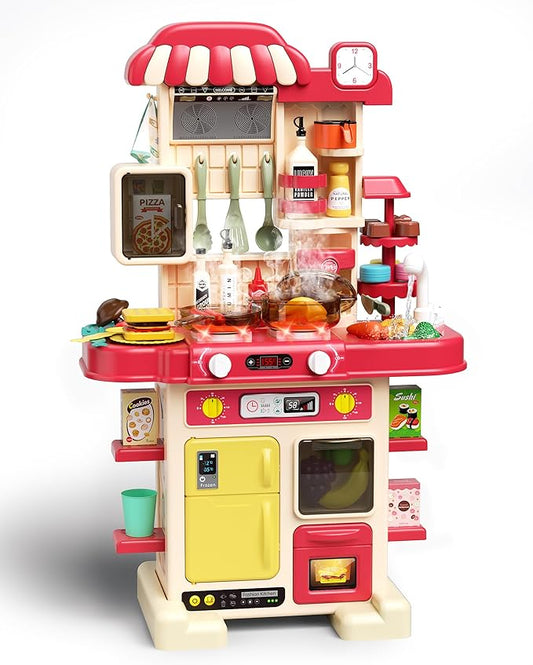 49Pcs Kitchen Playset for Boys & Girls, Kid Play Kitchen with Realistic Lights & Sounds, Spray Sink Toy Kitchen Accessories, Pretend Food Toys Kitchen for Toddlers(Red)