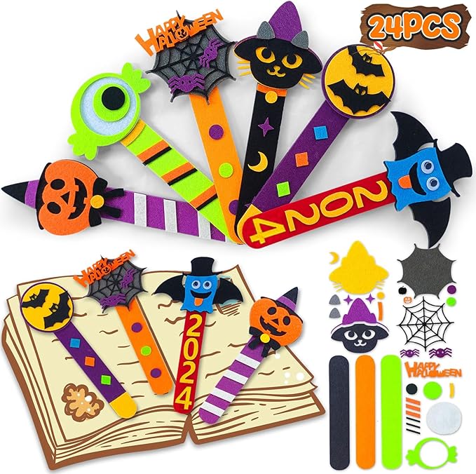 24 Piece Halloween Crafts for Kids Ages 4 8 12, Halloween DIY Bookmark Craft Bulk for Party Favors, Halloween Classroom Crafts Rewards Prizes for Students, Trick or Treat Goodie