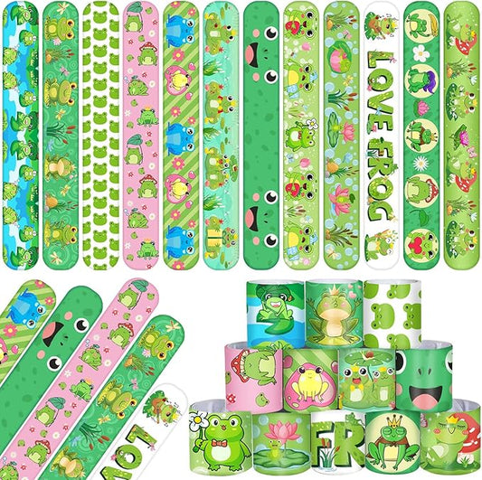 48 PCS Frog Slap Bracelets Party Favors, Frog Wristbands Bracelets Goodie Bag Fillers for Frog Birthday Party Decorations Supplies Gifts for Kids Boys Girls Classroom Rewards