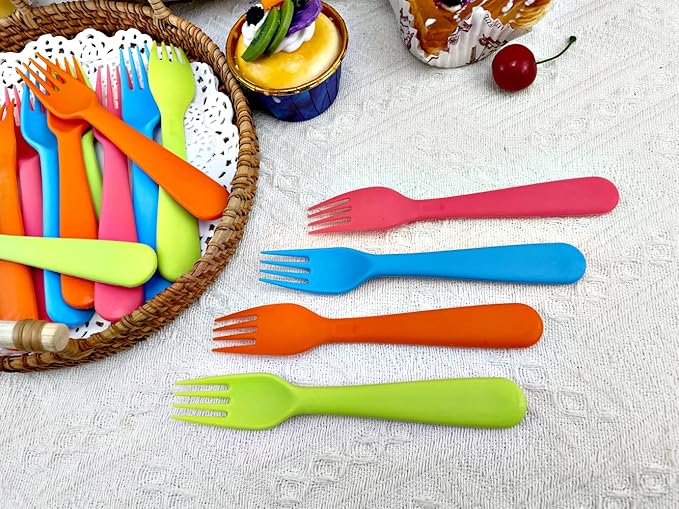Jawbush 16Pcs Plastic Kids Forks, Reusable Toddler Utensils with Bright Colors, Durable Silversware Set for Lunch Box Camping or Travel, Easy Grips Both for Kids or Adults, BPA Free Dishwasher Safe