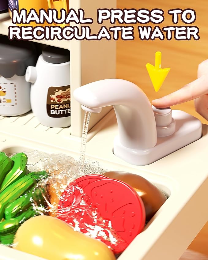 33.8IN - 70PCS Kids Kitchen Playset with Sound & Light - Cooking Stove with Steam, Play Sink and Toy Kitchen Accessories - Pretend Kitchen Play Food Toys for Kids Boys Girls - Toddler Play Kitchen Set