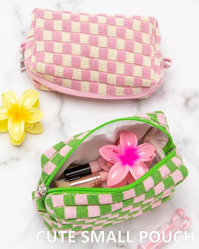 PAZIMIIK 2PCS Checkered Makeup Bag for Purse Portable Zipper Make Up Pouch Small Cosmetic Case for Travel Accessories Pink Green