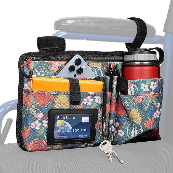 JOYTUTUS Wheelchair Side Bag, Upgraded Walker Pouch Bag with Cup Holder, Wheelchair Armrest Accessories for Walker, Rollator, Electric Scooter Wheelchairs, Ideal Gift for Seniors, Green