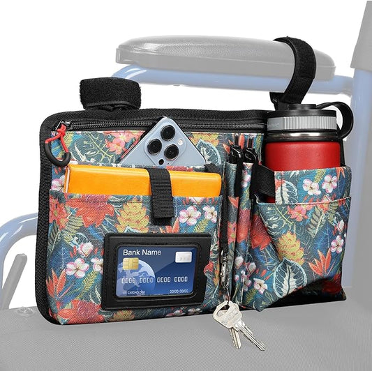 JOYTUTUS Wheelchair Side Bag, Upgraded Walker Pouch Bag with Cup Holder, Wheelchair Armrest Accessories for Walker, Rollator, Electric Scooter Wheelchairs, Ideal Gift for Seniors, Green