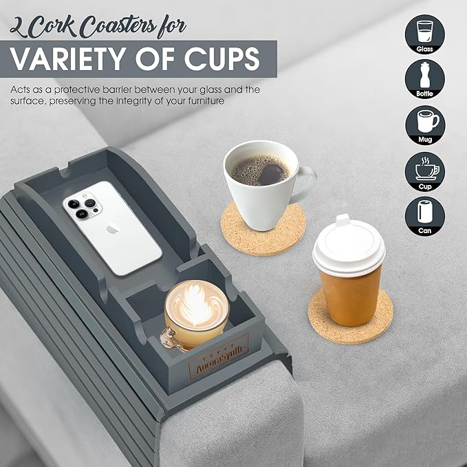 Couch Cup Holder Tray with 2 Cork Coasters, Caddy, Anti-Slip Foldable Armrest Sofa Tray, Anti-Spill Holder for Remote, Snacks, Cellphone - Ideal Gift (Grey)