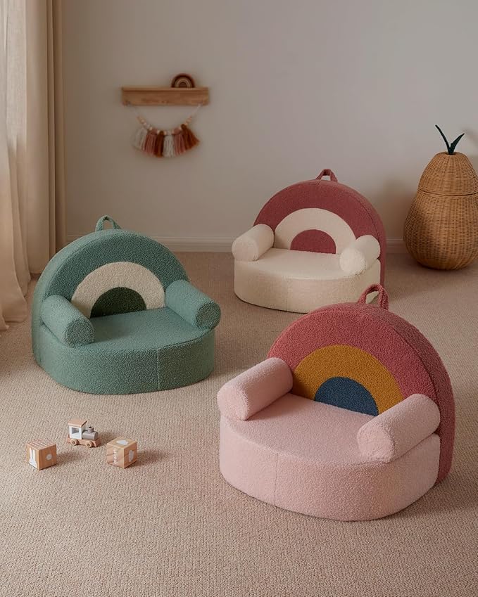 Blissful Diary Toddler Chair Comfy, Foam Kids Chair with Soft Teddy Plush, Toddler Reading Armchair with Cute Rainbow Designs- Sage Green