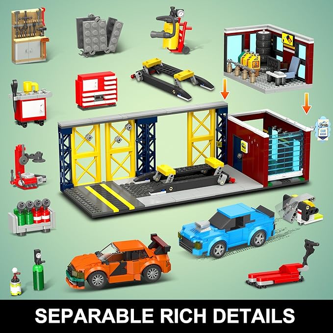 HOGOKIDS City Car Garage Building Set, 1022 PCS 3 IN 1 Auto Repair Shop, Gas Station, Car Wash Building Block with 2 Custom Cars Pretend Play Mechanic Toy Birthday Gift for 8-14+ Boys Teens Girls Kids