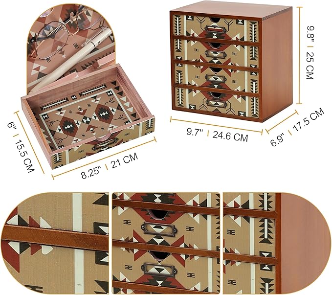 Boho Navajo Wooden Desk Organizer with Drawers – 4-Drawer Desktop Storage Box – Rustic Tribal Wood Desk Organizer for Office, Vanity, or Craft Supplies – Compact & Stylish Wooden Storage Drawers