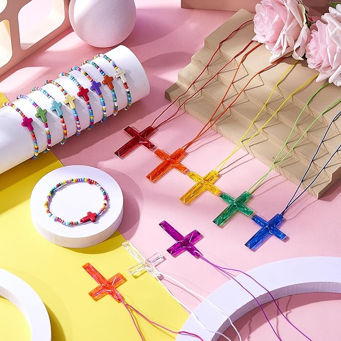 48 Pcs Cross Necklaces Christian Religious Party Favors Include 24 Plastic Crystal Cross Necklace DIY Craft Gifts with 24 Bracelet for Vacation Bible Prize Favor (Cross)