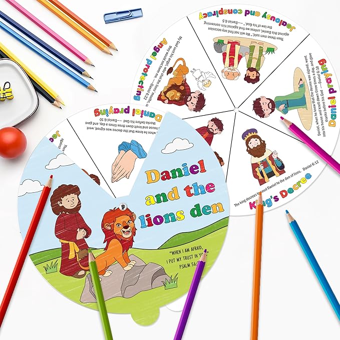 COcnny Christian Lion Coloring Craft - 24 Sets Daniel and The Lions Den Craft for Kids, Color Your Own Religious Wheel Cards Art Activities, Bible Jesus Biblical Game for Sunday School Classroom Home