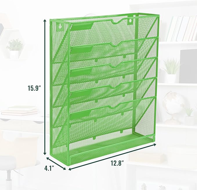 EASEPRES 6 Tier Mesh Hanging Wall File Organizer, Desk Vertical Mail Paper Document Folder Holder Rack with Bottom Tray and Nametag Label for Office Home School, Green