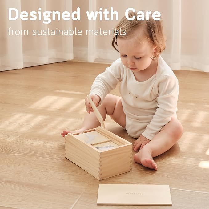 Fortella Montessori Toys for 1 Year Old, 6-in-1 Wooden Learning Educational Box Set with Ball Pounding Bench, Xylophone, Stacking Ring, Animal Figurines, Matching Cards, Developmental Toy Baby Gift