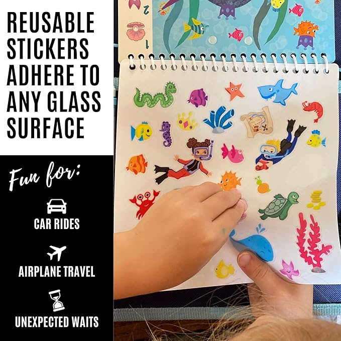 Kids Small Size Travel Educational Activity Books with Washable Markers (7"x7") - Car and Airplane Activities - Search and Find, Reusable Stickers for Ages 4, 5, 6 (Ocean & Space)