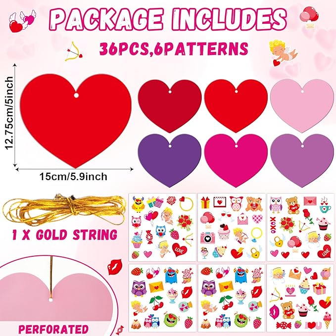 36 Sets Valentine's Day Heart Craft Kits for Kids Valentines DIY Heart-Shaped Craft Kits with Stickers Valentines Day Hanging Multicolor hearts Crafts for Classroom Home Activity Decoration