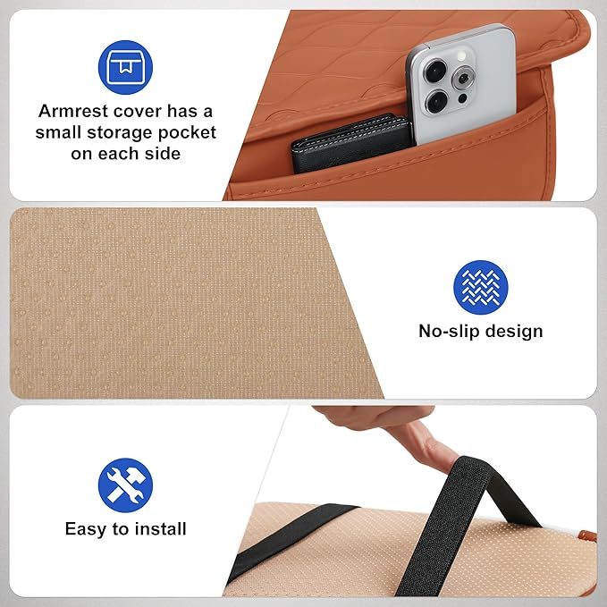 frani Car Center Console Cover,Leather Car Armrest Cover with 2 Storage Bags,Universal Car Arm Rest Cover,Car Interior Accessories Protector for Most Vehicle Camel Brown