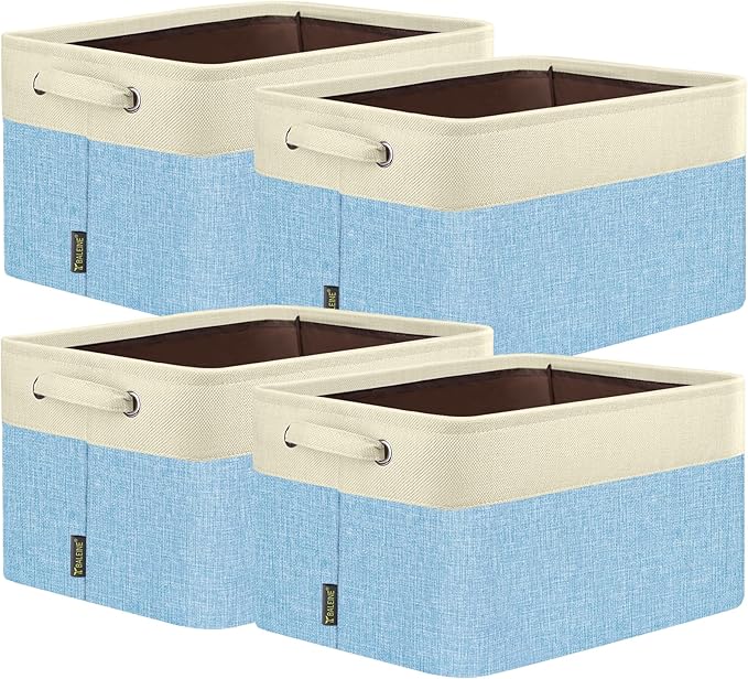 BALEINE 4 Pack Fabric Storage Bins for Shelves, Linen Storage Baskets for Organizing, Decorative Closet Bins for Clothes, Home (Skyblue, 12"x8"x8")