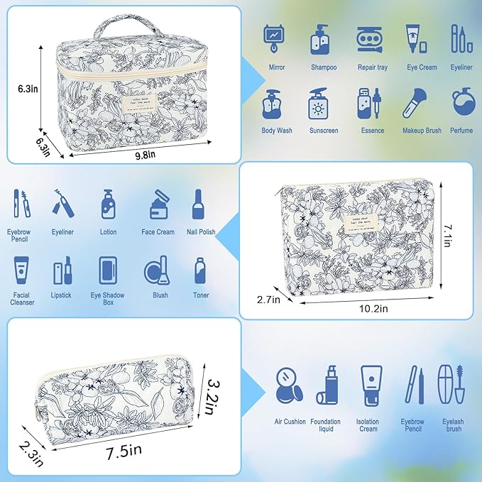 URSKYTOUS 3Pcs Cotton Quilted Makeup Bag for Women Girls Large Small Travel Black Floral Cosmetic Bags Set Cute Coquette Makeup Pouch for Purse Aesthetic Cloth Flower Storage Toiletry Bag Organizer