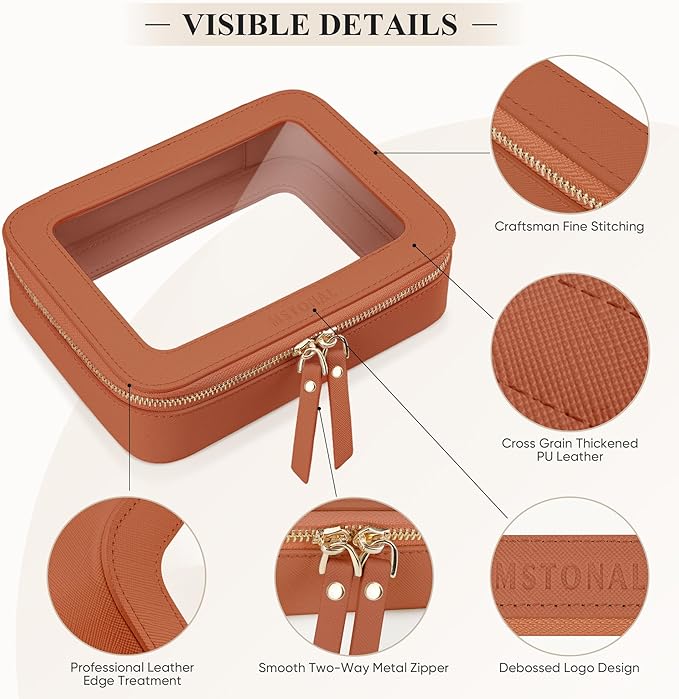 MSTONAL Clear Makeup Bag, Travel Toiletry Bag Cosmetic Case for Women, Waterproof Portable Make Up Skincare Pouch with Zipper, Compact Car Organizer Bag for Essentials, Mini & Medium, Brown