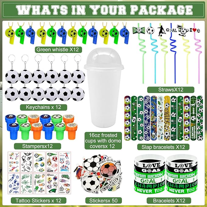 Cinrobiye 146 Pcs Soccer Party Favors, Sports Party Supplies with Cup Straw Soccer Keychain Tattoo Sticker Slap Bracelet Whistle Treat Bag Gifts for Classroom Rewards Soccer Birthday Party (Soccer)