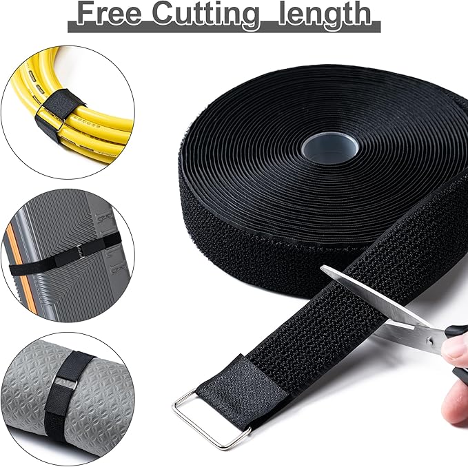 1.5" x32Ft Hook and Loop Straps Cinch Straps Heavy Duty with 32 Metal Buckles, Adjustable Fastening Cable Straps, Free Cut Length, Reusable Nylon Cable Ties for Organizer or Storage, Black