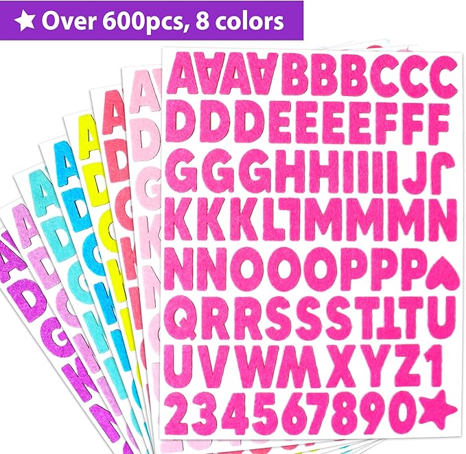 KRAFUN Felt Sticker Kit for Beginner Young Girls and Kids Arts & Crafts, Pack of 600 Assorted Scrapbook Stickers Alphabets, Numbers, Fun Shapes, Preschool, Children Early Learning, self Adhesive