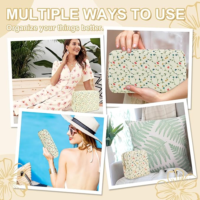 UIXIZQ Waterproof Mini Floral Makeup Bag Pouch for Purse,Nylon Flower Cosmetic Bag Small Preppy Toiletry Organizers Bag for Women Girl,Cute Zipper Pouch Coin Purse for Work(Mini Light Yellow-Flowers)