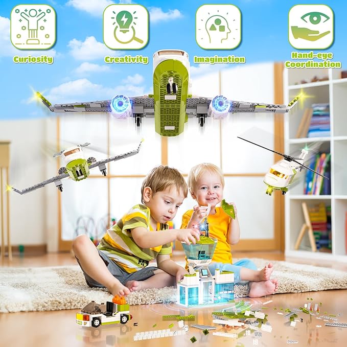 3 in 1 City Passenger Airplane Building Sets with LED Light, 684 PCS Toy Plane Building Blocks with Airport Terminal, Luggage Cart, Aircraft Tug Model Plane Toys for Kids 6-12+