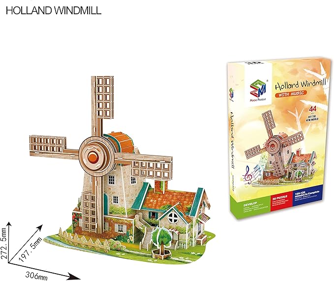 3D Puzzles for Adults Kids Holland Windmill with Music Box, Model Kits, Holiday Decor Birthday Gifts,Gifts for Men Women Arts and Crafts for Adults.(Holland Windmill)