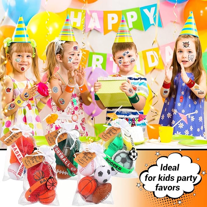 Junkin 162 Pcs Sport Party Favors Sport Party Goodie Bag Fillers Small Sports Balls Sport Wristband Keychains Stickers Bracelet Whistle for Sports Themed Birthday Party Supplies Decoration (Chic)