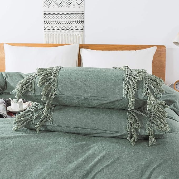 Helthep Vintage 100% Washed Cotton Tassel King Size Bedding Set Dark Sage Green 3Pcs Duvet Cover Set Fringed Boho Hidden Zipper Closure Soft Breathable Green Comforter Cover w Tassels