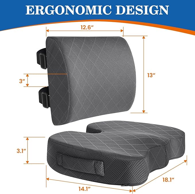 TushGuard Back&Seat Cushion, Car Seat Office Chair Cushions, Breathable Memory Foam Lumbar Back Support Pillow, Portable Airplane Seat Cushion for Travel, Computer Desk, Wheelchair, Driving (Grey)