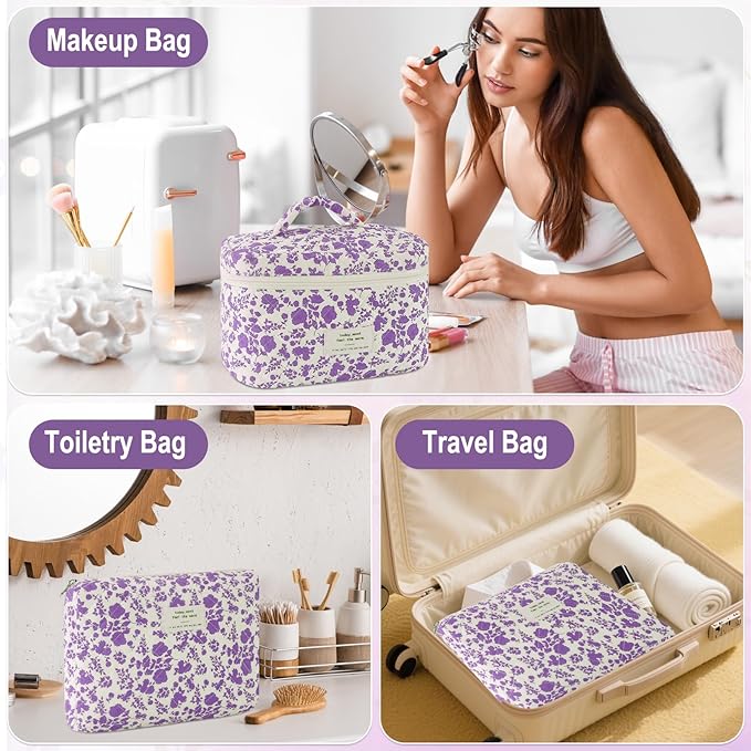 URSKYTOUS 3Pcs Cotton Quilted Makeup Bag for Women Girls Large Small Travel Portable Cosmetic Bag Set Cute Purple Floral Zipper Make Up Pouch Coquette Aesthetic Storage Toiletry Organizer Case