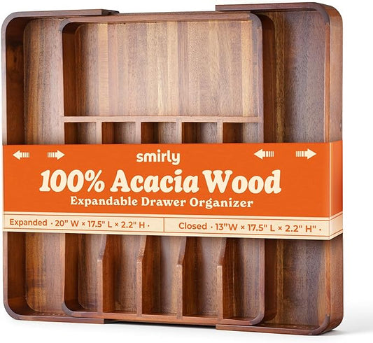 SMIRLY Silverware Drawer Organizer – Bamboo Kitchen Drawer Organizer, Adjustable Utensil Holder and Cutlery Tray, Drawer Dividers for Flatware and Kitchen Utensils