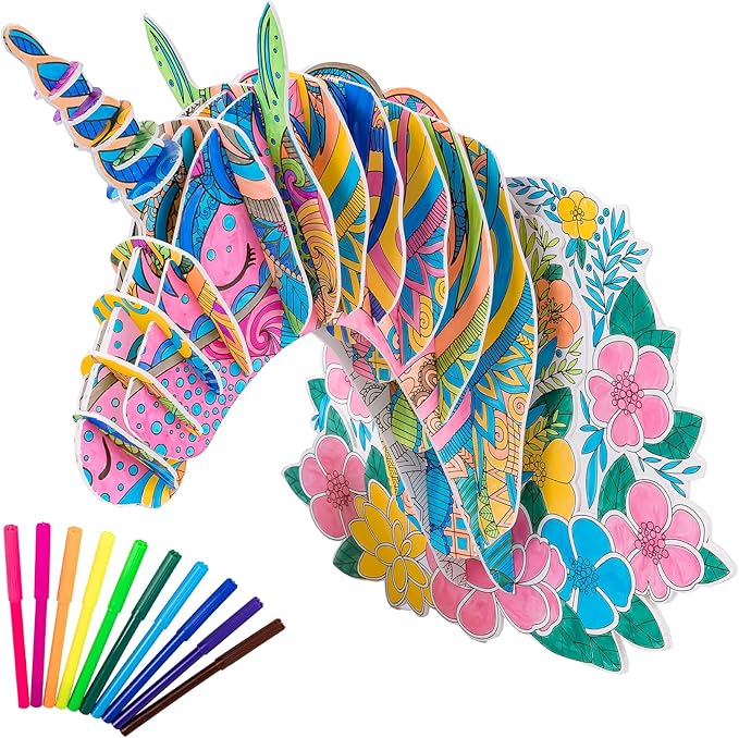 Hautton 3D Coloring Puzzle, Creative DIY Painting Puzzle Set Toy with 10 Coloring Pens, Fun Arts Crafts Gift for Kids Age 3 4 5 6 7 8 9 10 11 12 -Hornhorse