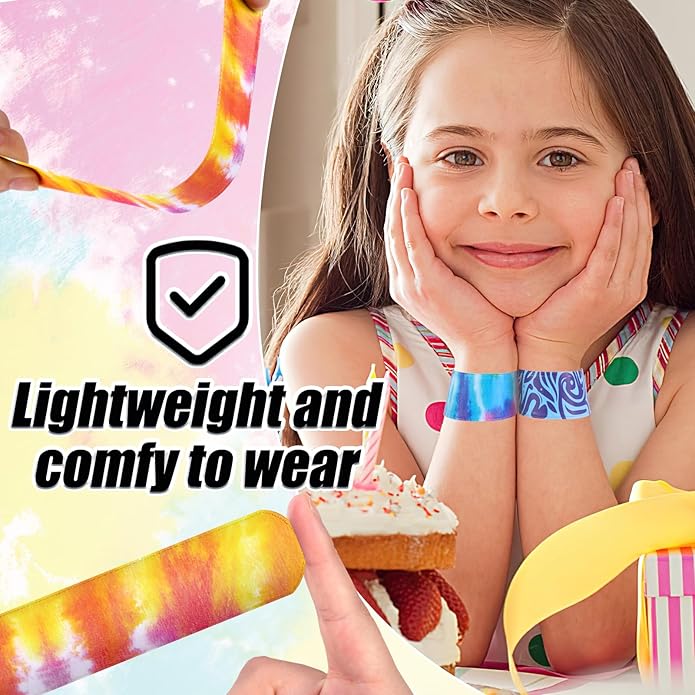 AMOR PRESENT Slap Bracelets Bulk, 48PCS Snap Bracelets for Kids Tie Dye Wrist Band Mermaid Sports for Party Favors Carnival Prizes Goodie Bags Groove Party