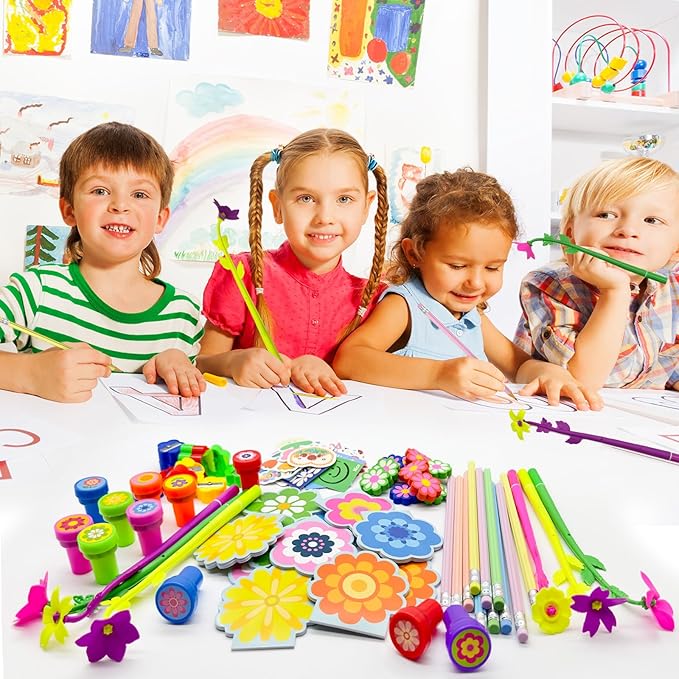 Cinrobiye 134 Pcs Flower Summer Party Favors Bulk,Daisy Party Suppiles,Tea Party Goodie Bag Stuffers,Summer Garden Birthday Party Gifts,School Supplies Class Reward Prizes Stationery Set