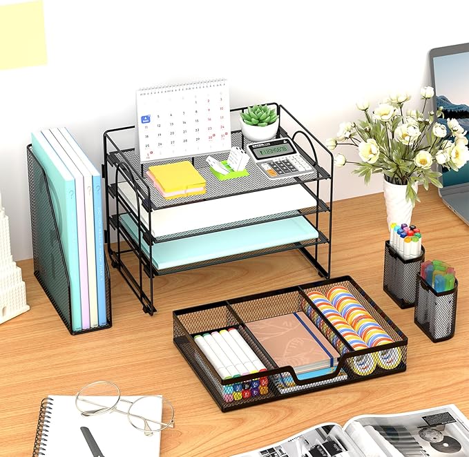 Marbrasse Desk Organizer and Accessories，4-Tier Paper Letter Tray Organizer with File Holder, Desk Accessories & Workspace Organizers with Drawer and 2 Pen Holder (Black, 15.4" x 9.1" x 8.3")