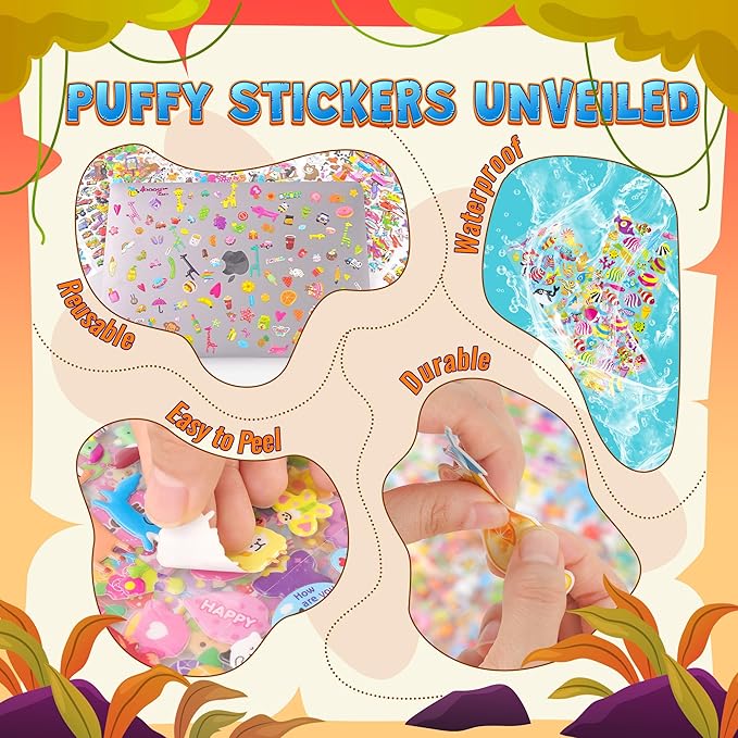 3200+ Stickers for Kids, 3D Puffy Stickers, 64 Different Sheets, Cute Animals Stickers for Boys Girls Teachers, Classroom Reward, Craft Scrapbooking, Party Gift