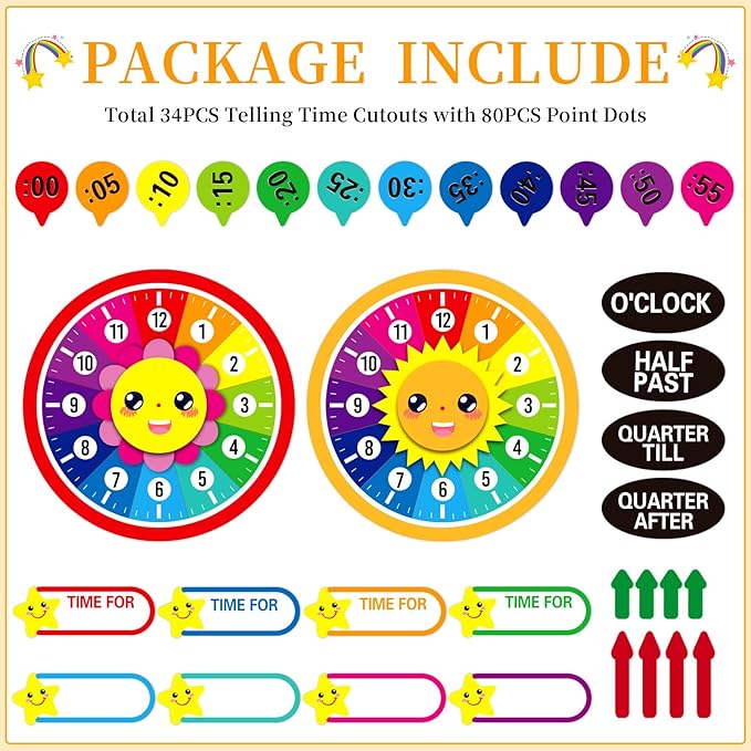 WhatSign Telling Time Bulletin Board Set Telling Time Teaching Clock for Kids 34Pcs Kids Clock Learning to Tell Time Clock Practice Cutout for Teacher Must Have Classroom Bulletin Board Decorations