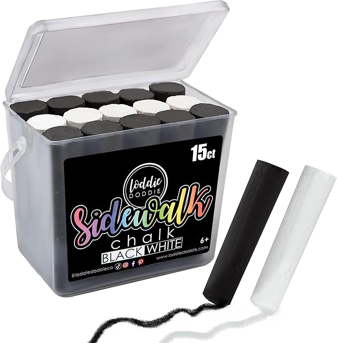 Loddie Doddie 15ct Bucket of Black & White Jumbo Sidewalk Chalk - Non-Toxic Sticks - Reusable Bucket for Fun & Creativity with Easy Cleanup