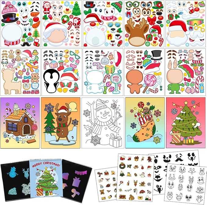 JOYIN Christmas 20 Pcs Make-a-face Stickers, 10 Pcs Coloring Book, 10 Pcs Rainbow Color Scratch, Christmas Art & Craf Kit Combo Set for Kids Girls and Boys, Holiday Presents and Party Favors