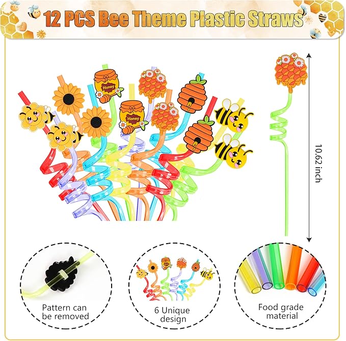 Erweicet Bee Party Favors 72 PCS Cute Bee Slap Bracelets DIY Stickers Honeycomb Temporary Tattoos Keychain Plastic Straws Gift Bags for Bee Day Theme Kids Birthday Party Baby Shower Party Supplies