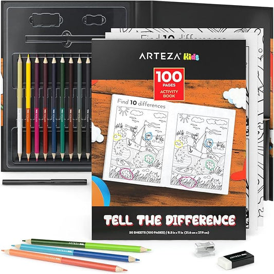 Arteza Kids Activity Book, Spot The Difference Book, Back to School Supplies for Ages 6 and Up, 50 Sheets, 12 Double-Ended Colored Pencils, Black Marker, Eraser, Sharpener